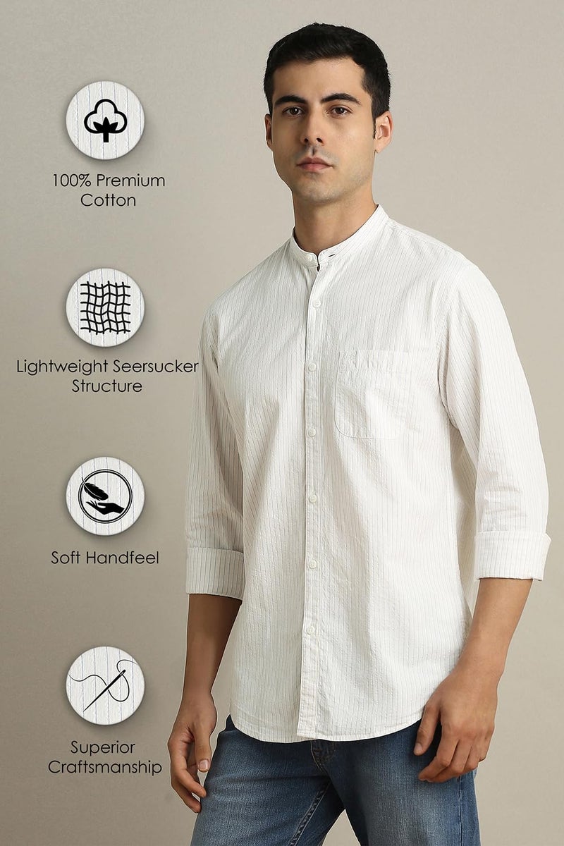 Peter England Men Beige Stripe Full Sleeves Casual Shirt - Image 4