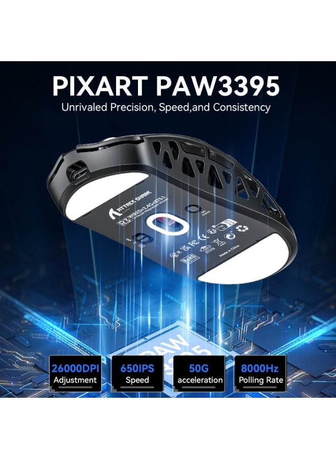 هجوم القرش ماوس ألعاب لاسلكي خفيف الوزن R3 مصنوع من سبائك المغنيسيوم، وزن 46 جرام، يدعم تقنية البلوتوث/2.4 جيجاهرتز/سلكي، معدل استطلاع لاسلكي 8000 هرتز، مستشعر PAW3395 بدقة 26 ألف نقطة في البوصة، فأرة قابلة للبرمجة، لأجهزة الكمبيوتر الشخصية/اللاب توب/ماك - فضي - Image 3