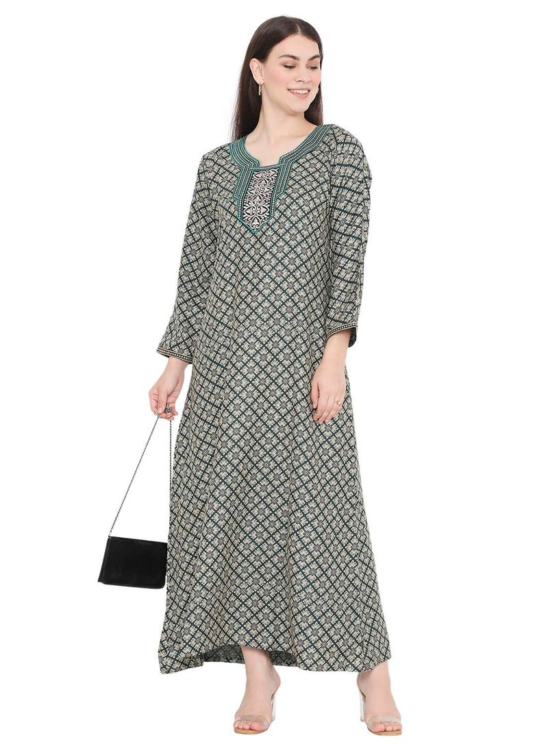 HANA & SARA - CREATIVE THREAD EMBROIDERY WITH STYLISH PRINTED DESIGN ARABIC KAFTAN FARASHA DRESSES - Image 1