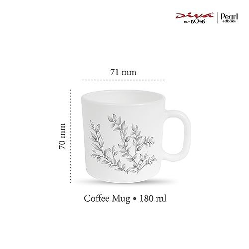 La Opala Diva, Pearl Collection Opal Glass Crockery | Coffee Mug Regular, Set of 6 | Dusky Vines, 190 ml | for Tea & Coffee | Microwave Safe | 100% Vegetarian | Extra Strong | Super Light & White - Image 2
