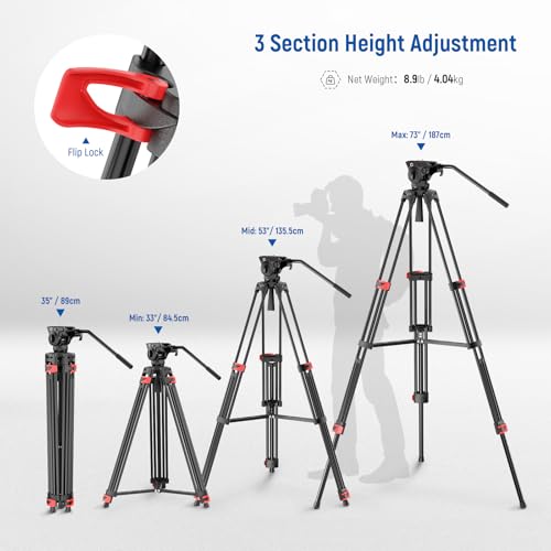 NEEWER Basic 74 Video Tripod with Fluid Head Metal Camera Tripod with Smooth Friction Damping Mid Level Spreader Quick Release Plate Compatible with Manfrotto 501 Max Load 176lb TP37 - Image 3