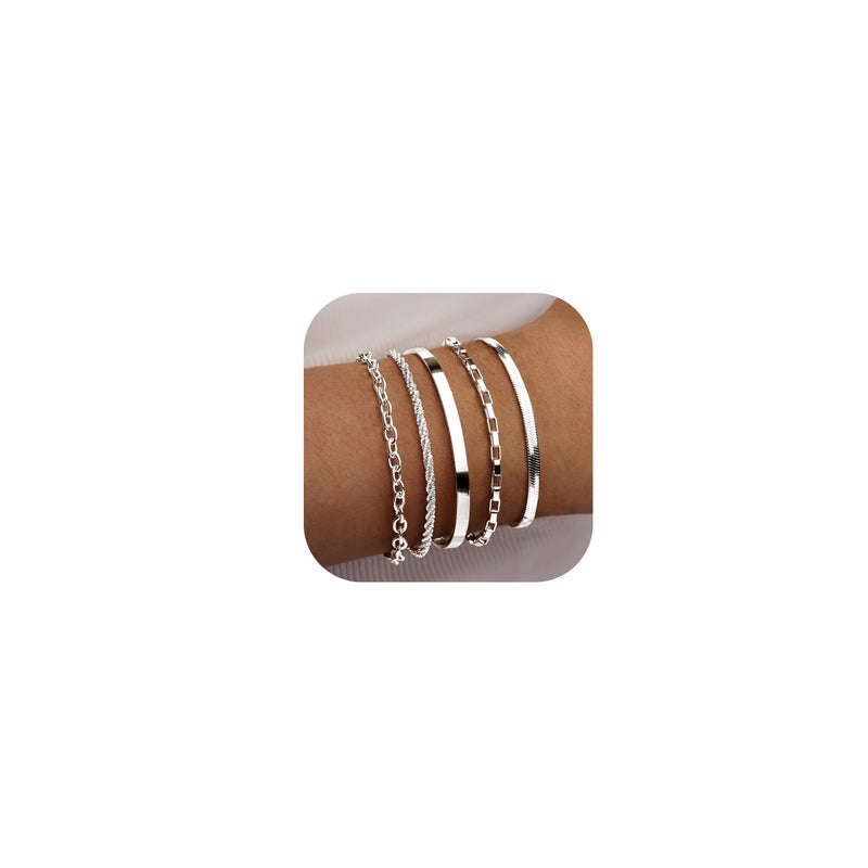 WomenGifts Silver Bracelet Stack for Women, Stackable Bracelets Sterling Silver Set on Bangle Cuff, Box Link, Figaro, Herringbone, Sparkling Chain, Waterproof Tarnish Resistant Jewelry Gift for Women - Image 1
