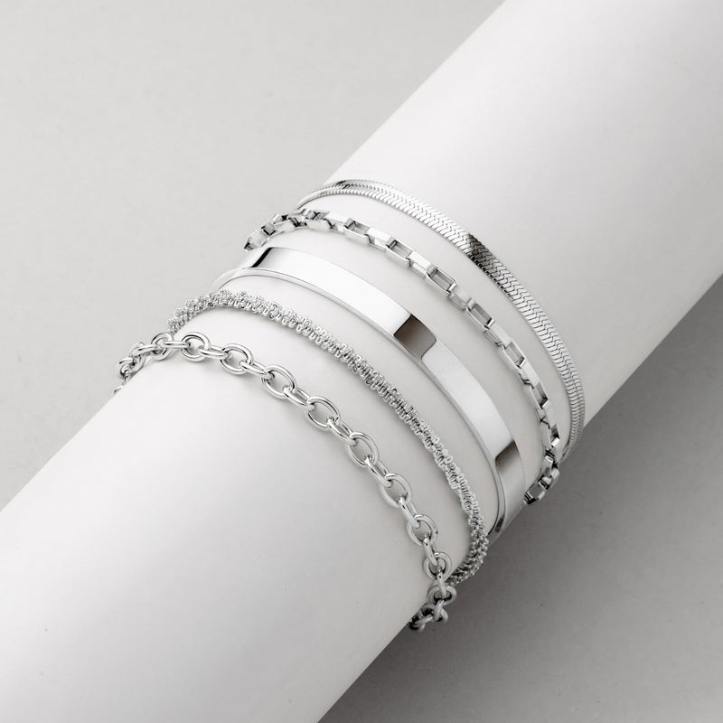 WomenGifts Silver Bracelet Stack for Women, Stackable Bracelets Sterling Silver Set on Bangle Cuff, Box Link, Figaro, Herringbone, Sparkling Chain, Waterproof Tarnish Resistant Jewelry Gift for Women - Image 4
