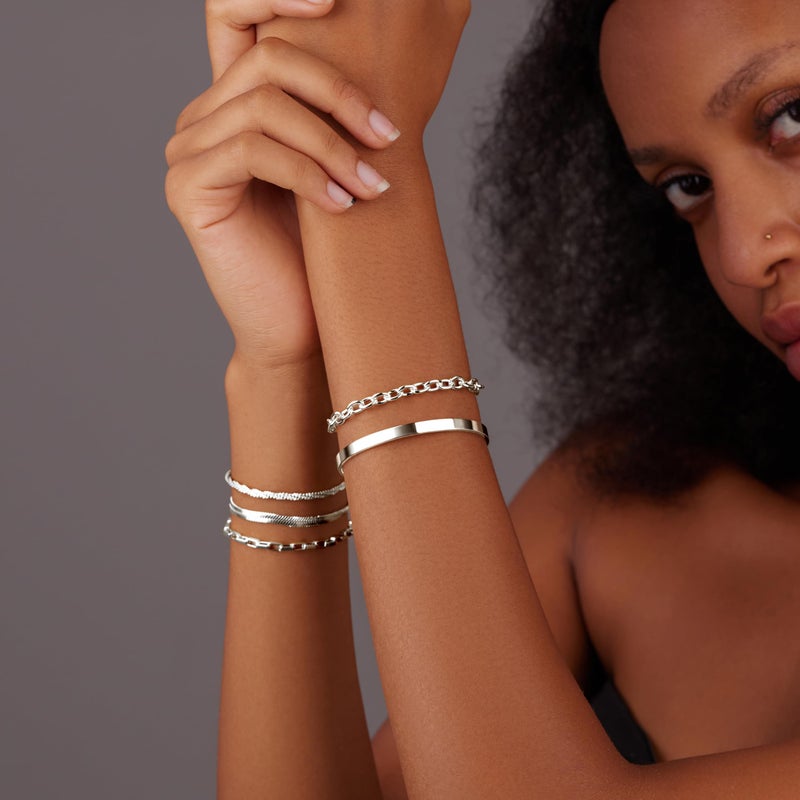 WomenGifts Silver Bracelet Stack for Women, Stackable Bracelets Sterling Silver Set on Bangle Cuff, Box Link, Figaro, Herringbone, Sparkling Chain, Waterproof Tarnish Resistant Jewelry Gift for Women - Image 2