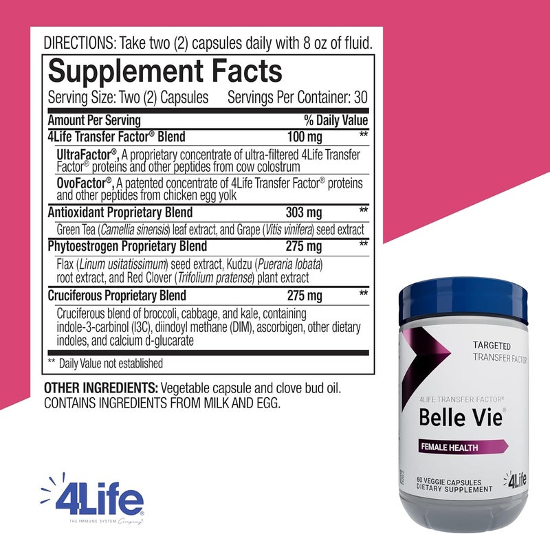 4Life Transfer Factor Belle Vie  Supports Womens Reproductive Health with Phytoestrogen Blend of Kudzu Flax and Red Clover  60 Veggie Capsules - Image 2