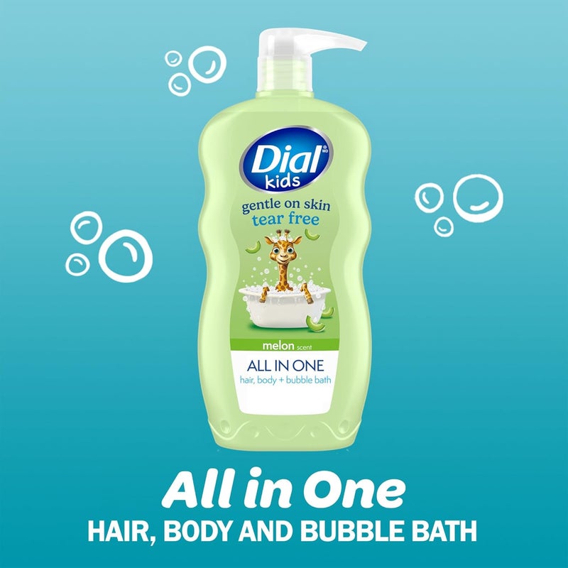 Dial Kids All-in-1 Body Wash + Hair + Bubble Bath, Melon Scent, 24 Fl Oz, Pack of 4, Hypoallergenic Body Wash & Shampoo, No Tears Formula for Kids 2+ Years, No Parabens & Silicones - Image 2
