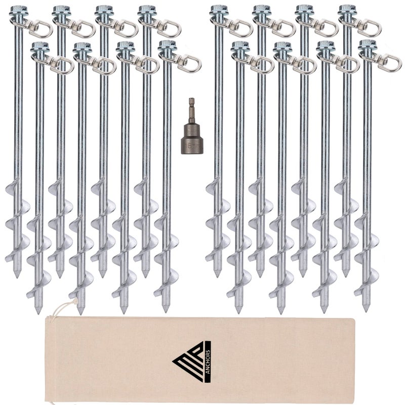 MightyPhine Ground Anchors Screw In - 12"" Set Of 16 With Drill Bit - Earth Anchors - Ground Stakes Heavy Duty - Mobile Home Anchors - Shed Anchor Kit - Swing Set Anchors - Tree Stakes - Awning Canopy Anchor - Image 1