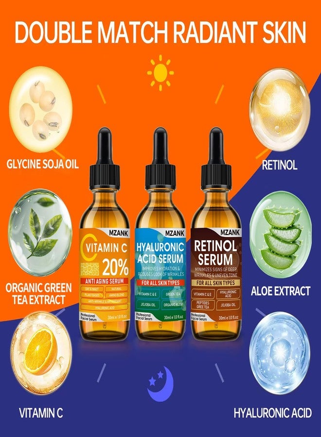 MZANK 3 Pack Face Serum Set-Includes Vitamin C, Hyaluronic Acid & Retinol Serums for Face-Brightening,Hydrating, Anti-Aging,Boost Skin Collagen - Image 2