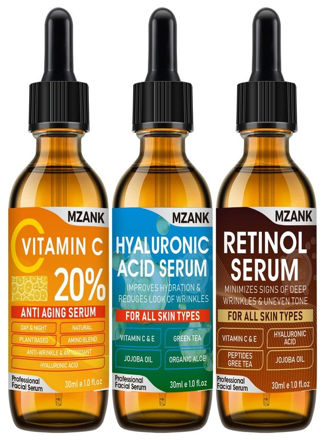 MZANK 3 Pack Face Serum Set-Includes Vitamin C, Hyaluronic Acid & Retinol Serums for Face-Brightening,Hydrating, Anti-Aging,Boost Skin Collagen - Image 1
