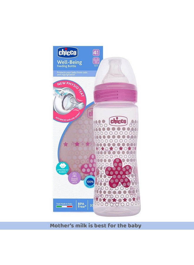 Chicco Chicco Well-Being 330 ml Feeding Bottle, Advanced Anti-Colic System, BPA Free, Hygienic Silicone Teat (Pink)  - Image 1