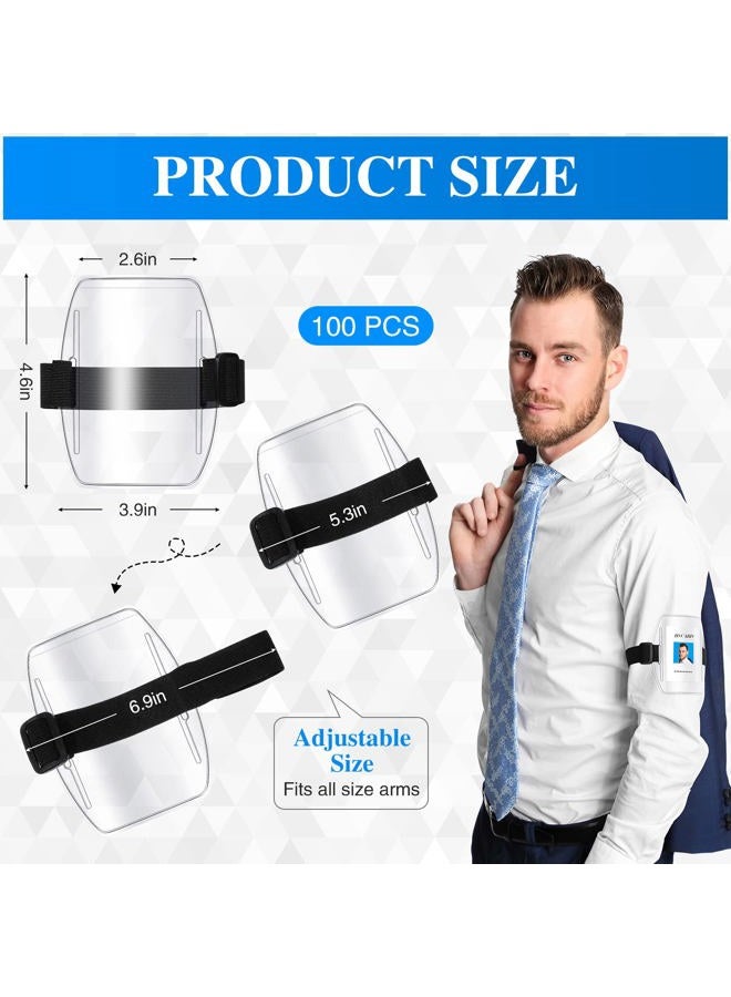 Sherr 100 Pcs Arm Badge Holder Armband ID Card Holder with Black Adjustable Strap Fastener Armband Pass Holder Clear Plastic Display Name Tag Holder for Work Postcard Ski Pass Office Business Supplies - Image 2