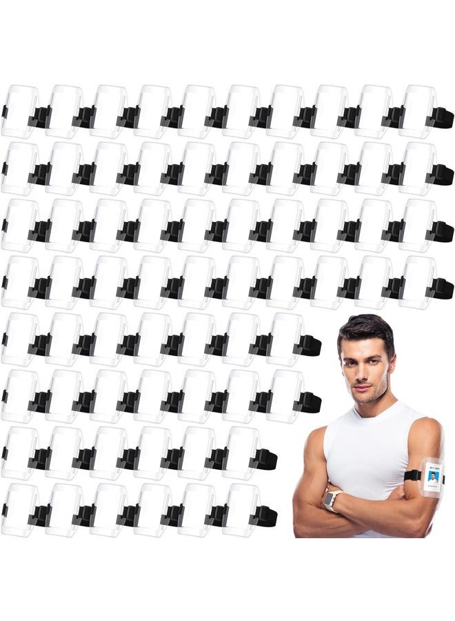 Sherr 100 Pcs Arm Badge Holder Armband ID Card Holder with Black Adjustable Strap Fastener Armband Pass Holder Clear Plastic Display Name Tag Holder for Work Postcard Ski Pass Office Business Supplies - Image 1