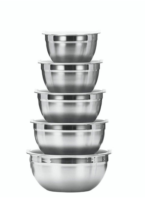 5 Pieces Mixing Round Bowl Stainless Steel Mixing Bowl Set With Lid Salad Dough Baking Bowl Silver 18 20 22 24 26 Cm Set Bowl