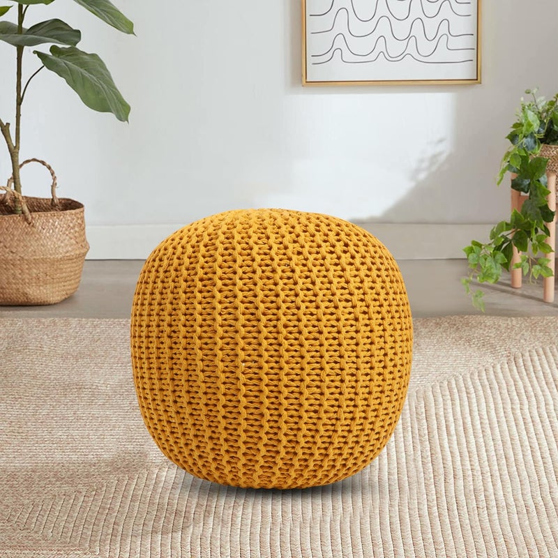 THE HOME CO. Enhance your home style The Home Co Designs Hand Knitted Heavy Cotton Rope Beans Filled Round Oval Pouf Pouffe Designed for Living RoomFoot Rest Yellow - Image 1