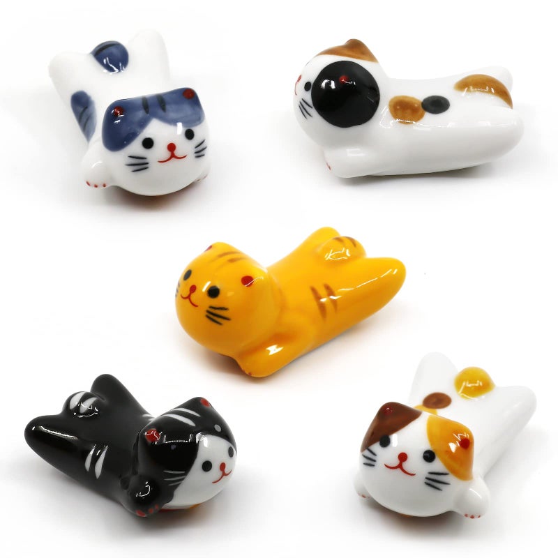 5 Pack Cat Chopsticks Rest Set Chinese Paint Brush Rests Japanese Style Porcelain Cute Lucky Cat Ceramic Chopsticks Holder Rack for Dinner Fork Spoon Knife Tableware Home Kitchen Gift
