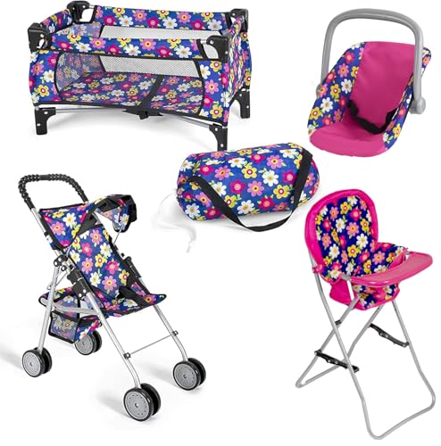 fash n kolor 4 Piece Baby Doll Play Set Flower Design Includes Foldable Pack N Play Baby Doll Stroller Baby Doll High Chair Infant Seat Fits Up to 18 Doll 4 Piece Doll Accessories Set - Image 1
