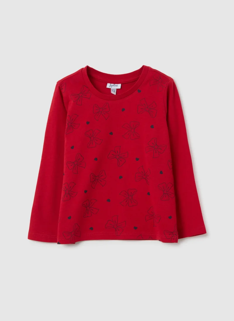 او في اس REGULAR FIT PURE COTTON RED BABY GIRL TOP WITH EMBROIDERED BOWS