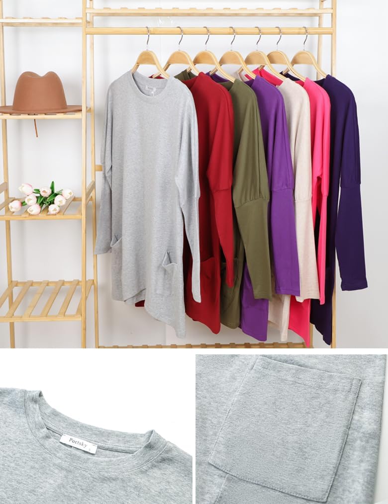 Poetsky Womens Fall Casual Crewneck T-Shirts Loose Fit Color Block Long Sleeve Oversized Shirts Tunic Tops with Pockets for Women;Apricot,M - Image 3