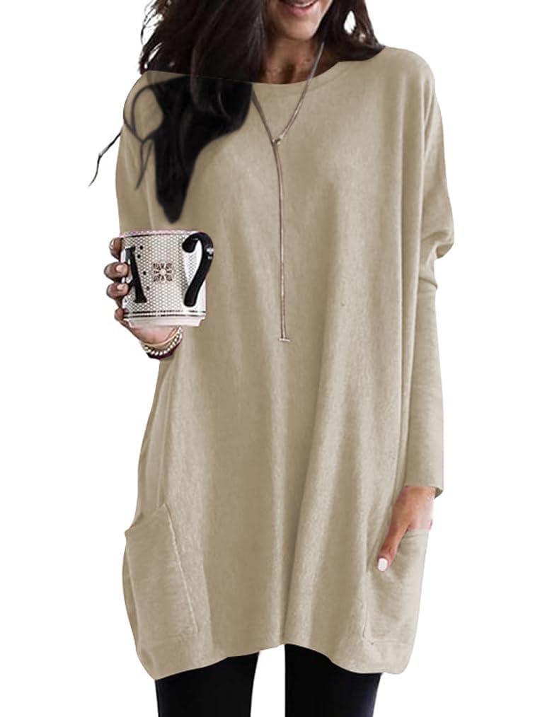 Poetsky Womens Fall Casual Crewneck T-Shirts Loose Fit Color Block Long Sleeve Oversized Shirts Tunic Tops with Pockets for Women;Apricot,M - Image 1