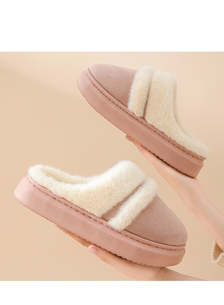 A Pair Of Warm And Comfortable Winter Cotton Slippers, Simple And Stylish Indoor Shoes, Warm Anti-Slip Thick Sole Slippers That Can Be Worn Outdoors, Round Toe，Size：38-39，Pink - Image 1