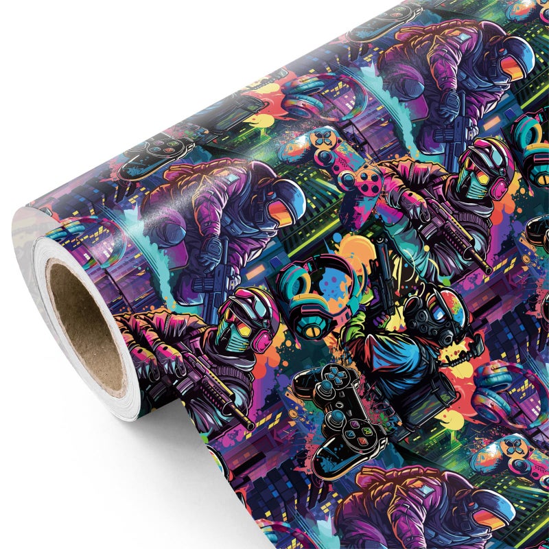 WRAPAHOLIC Gaming Wrapping Paper Roll - Mini Roll - 17 Inch x 9.8 Feet - Science Fiction Video Game Wrapping Paper, Perfect for Boys Birthday, Game Lover, Baby Shower - Image 1