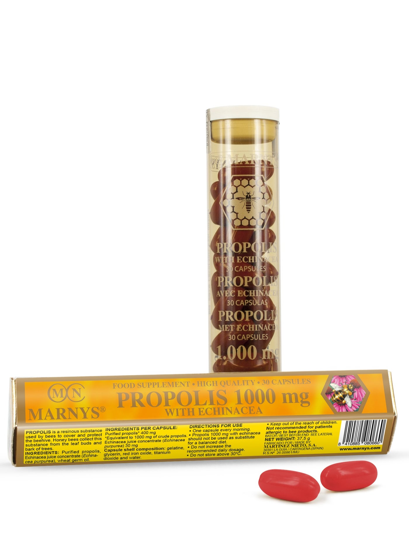 Marnys Propolis 1000 mg with Echinacea - Natural Bee Propolis - Immune Support - Antiviral - Antibacterial - Natural Defense - 30 Capsules