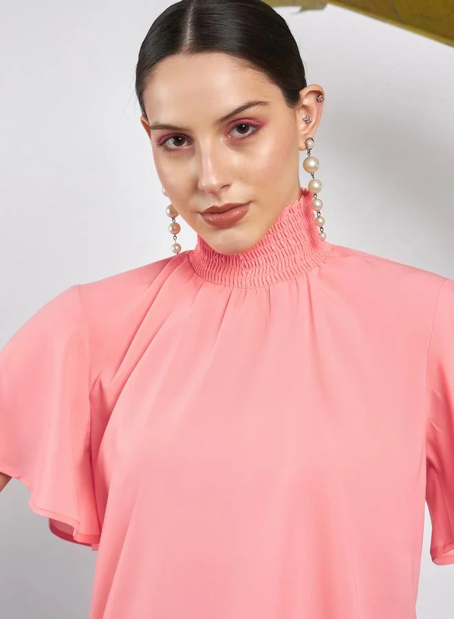 SASSAFRAS Smocked High Neck Top with Short Sleeves