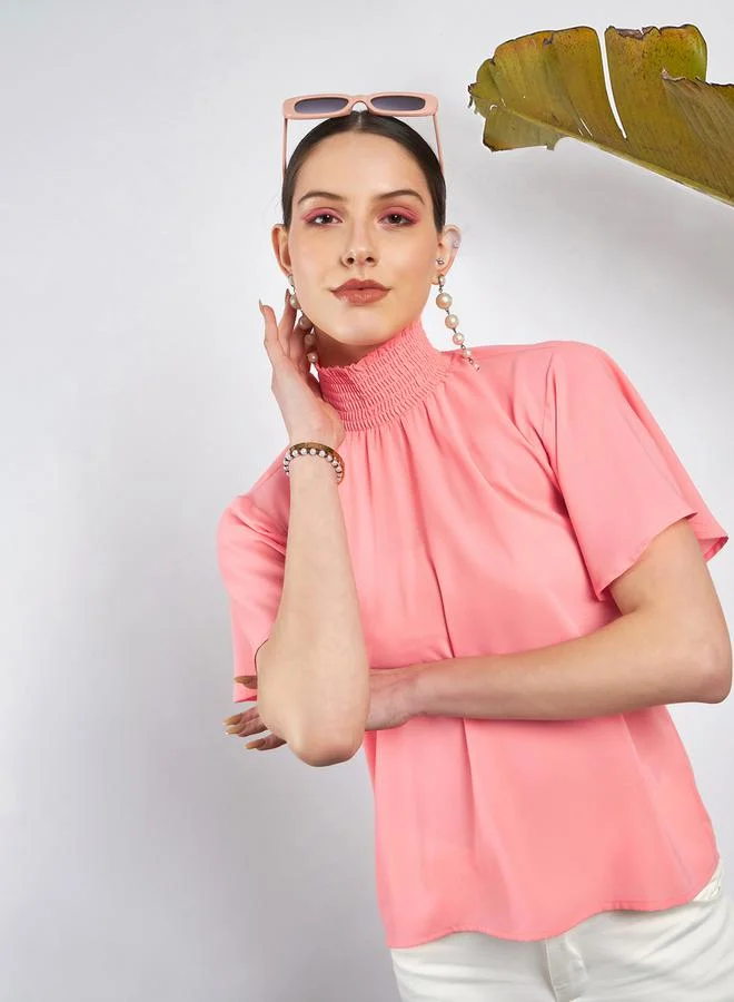 SASSAFRAS Smocked High Neck Top with Short Sleeves