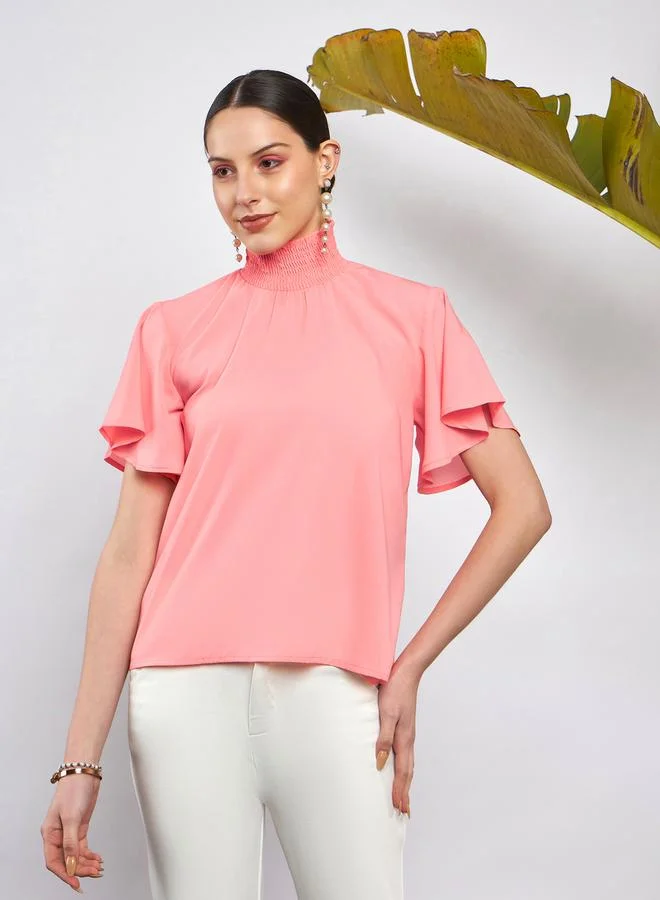 SASSAFRAS Smocked High Neck Top with Short Sleeves