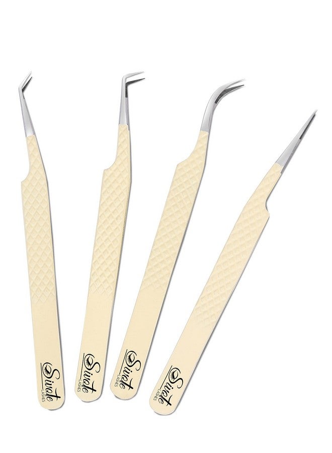 SIVOTE Ivote Fiber Tips Lash Tweezers For Eyelash Extensions Set Of 4 Curved Dolphin 90 Degree & 45 Degree Tweezer Vanilla - Image 1