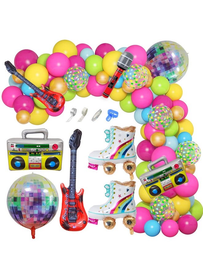 Amandir 90S 80S Theme Party Decorations 90Pcs Balloon Arch Kit 6Pcs Inflatable Retro Disco Ball Microphone Rainbow Roller Skate Boom Box Guitar Balloon For Back To 90S 80S Hip Hop Birthday Supplies  - Image 2