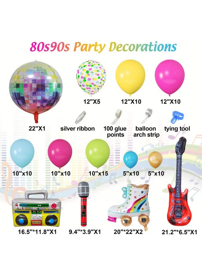 Amandir 90S 80S Theme Party Decorations 90Pcs Balloon Arch Kit 6Pcs Inflatable Retro Disco Ball Microphone Rainbow Roller Skate Boom Box Guitar Balloon For Back To 90S 80S Hip Hop Birthday Supplies  - Image 3