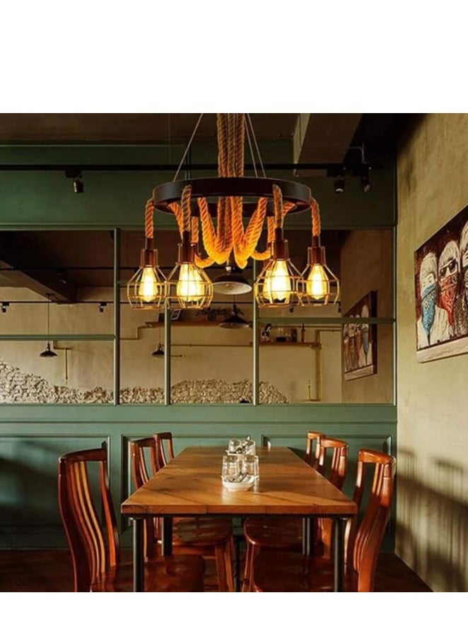 Generic 6-Light Industrial Pendant Light,Farmhouse Hemp Rope Chandelier Ceiling Light Fixture,Vintage Iron Cage Hanging Lamp for Kitchen Island Dining Room Living Room Bedroom  - Image 2