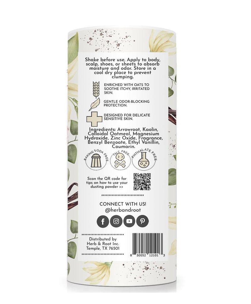 Herb & Root بودرة التلك الفانيليا الخالية من التلك المصنوعة من عشبة السهم والشوفان المهدئ والزنك والمغنيسيوم. خالية من صودا الخبز. للتهيج وإزالة الروائح الكريهة والتعرق - Image 1
