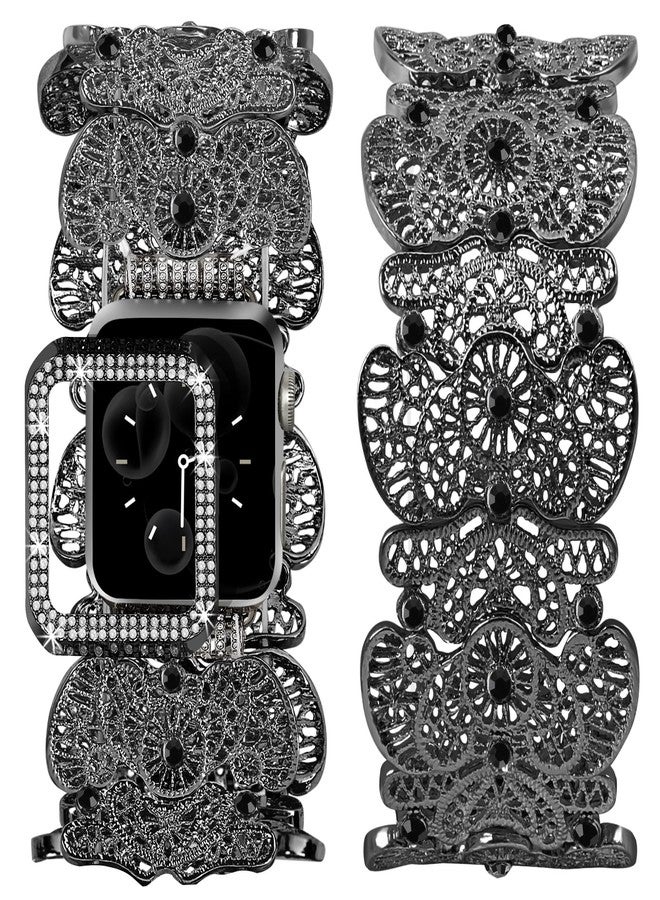 VIQIV Compatible with Apple Watch Bands for Women 38/40/41/42/44/45/46/49mm with Bling Case, Dressy Hollow-Out Carvings Metal Wristband Smart Watch Bands for iWatch Ultra 2 Series SE/10/9/8/7/6/5/4/3 - Image 1