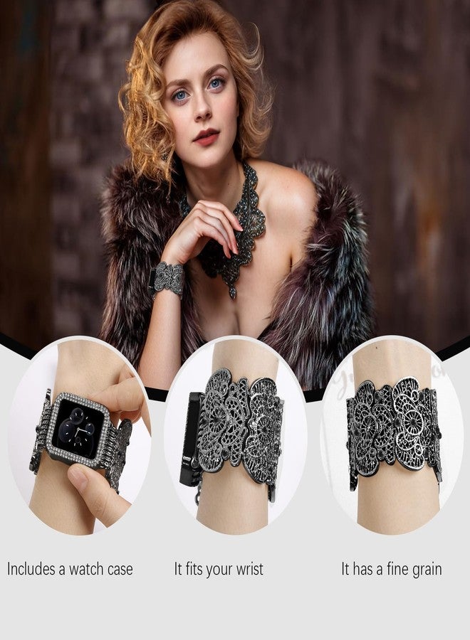 VIQIV Compatible with Apple Watch Bands for Women 38/40/41/42/44/45/46/49mm with Bling Case, Dressy Hollow-Out Carvings Metal Wristband Smart Watch Bands for iWatch Ultra 2 Series SE/10/9/8/7/6/5/4/3 - Image 2