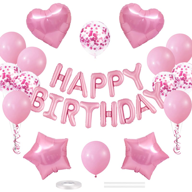 CANREVEL Happy Birthday Balloons Banner 16 Inch Mylar Foil Letters with Star & Heart Balloons Birthday Party Decorations for Men and Women - 30 Pcs Pink - Image 1