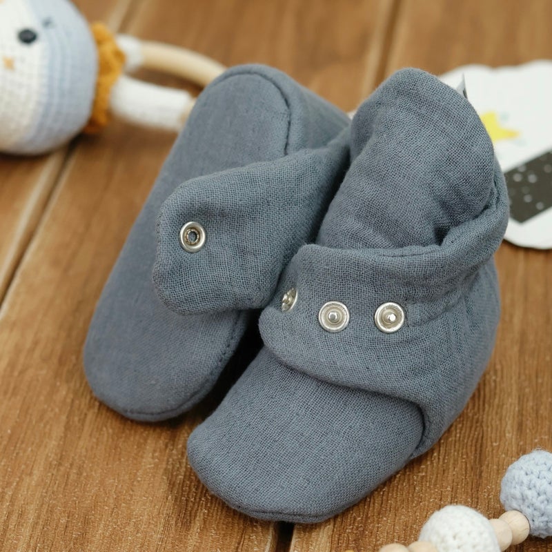Ella Bonna Muslin Baby Booties, Organic Cotton, Newborn Slippers, Dark Grey  - Image 3
