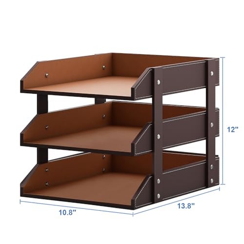 Thipoten Leather Desk Organizer, Thipoten 3-Tier Stackable Letter Tray Holder for Office Supplies, Paper, File, Magazine, Perfect Office Organization for Desktop (Brown-3Tiers) - Image 2