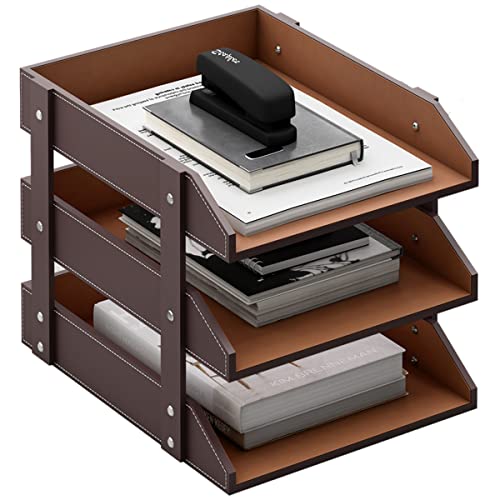 Thipoten Leather Desk Organizer, Thipoten 3-Tier Stackable Letter Tray Holder for Office Supplies, Paper, File, Magazine, Perfect Office Organization for Desktop (Brown-3Tiers) - Image 1