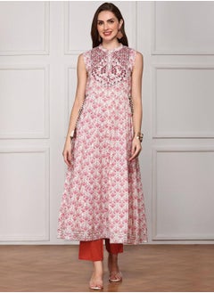 ISHIN Women's White Cotton Blend Printed Tunic Regular Fit Kurta  - Image 1