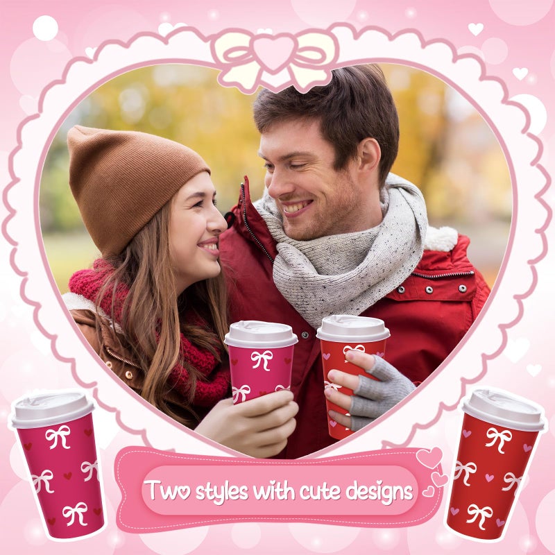 FoldTier 60 Pcs Valentines Day Disposable Coffee Cups with Lids 16 oz Galentines Paper Beverage Cups Red Pink Bow Heart Coffee Hot Chocolate Tea Container Bar Essentials for Valentine Party Supplies - Image 5