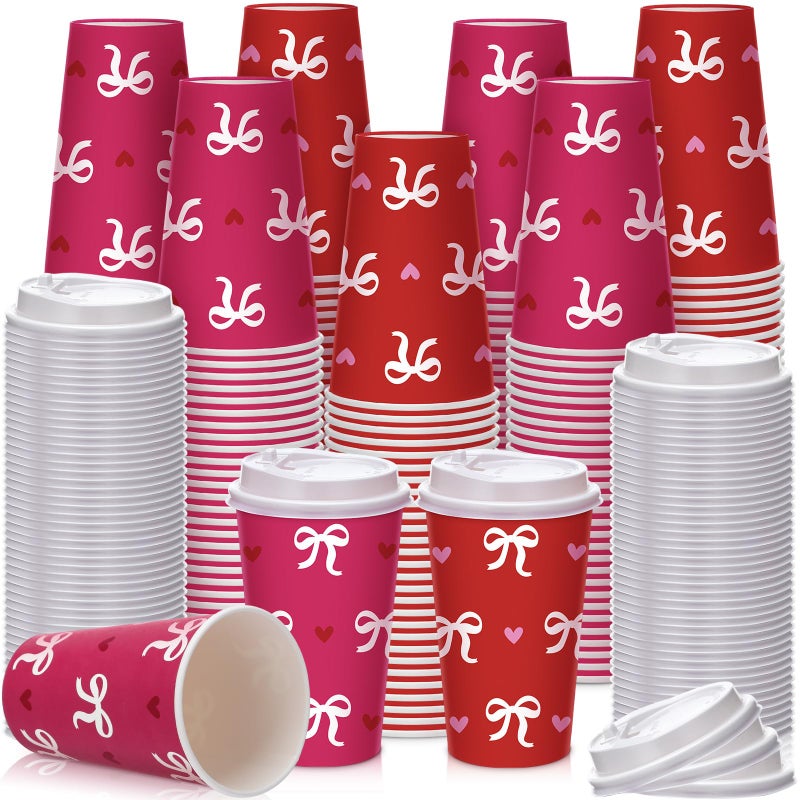 FoldTier 60 Pcs Valentines Day Disposable Coffee Cups with Lids 16 oz Galentines Paper Beverage Cups Red Pink Bow Heart Coffee Hot Chocolate Tea Container Bar Essentials for Valentine Party Supplies - Image 1