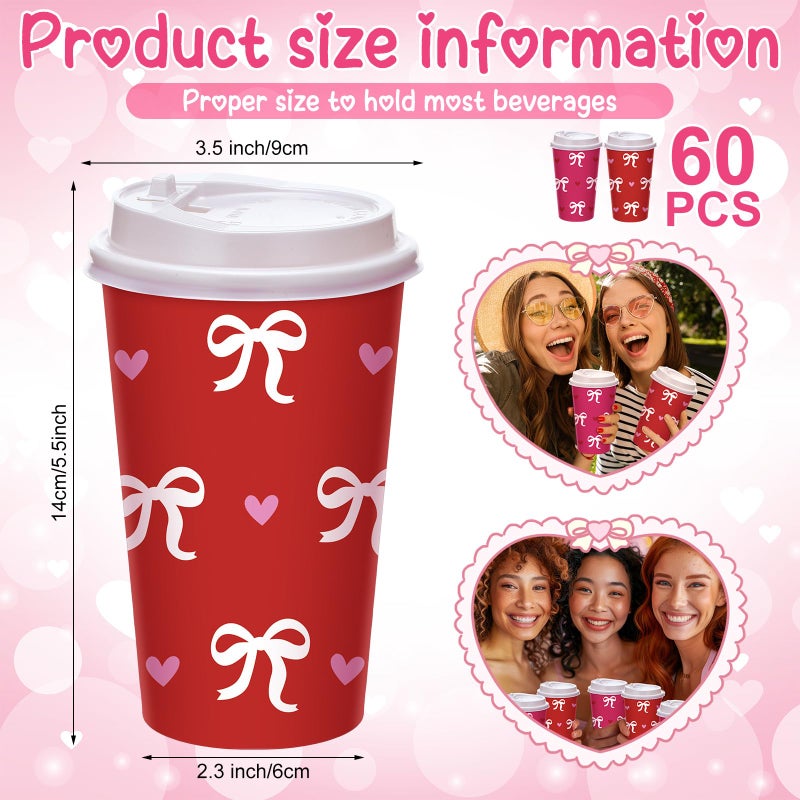 FoldTier 60 Pcs Valentines Day Disposable Coffee Cups with Lids 16 oz Galentines Paper Beverage Cups Red Pink Bow Heart Coffee Hot Chocolate Tea Container Bar Essentials for Valentine Party Supplies - Image 2
