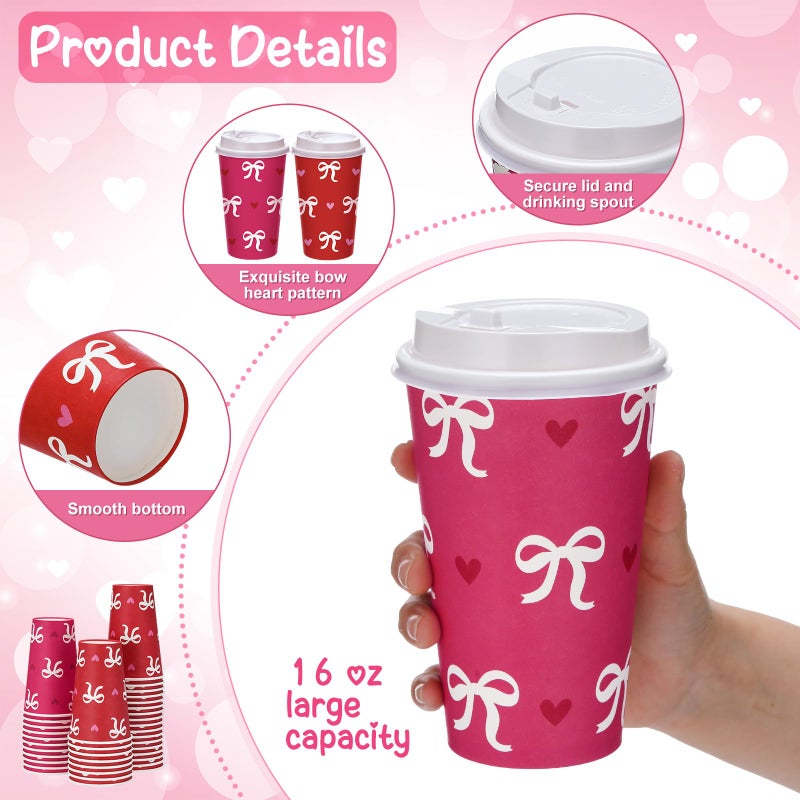 FoldTier 60 Pcs Valentines Day Disposable Coffee Cups with Lids 16 oz Galentines Paper Beverage Cups Red Pink Bow Heart Coffee Hot Chocolate Tea Container Bar Essentials for Valentine Party Supplies - Image 3