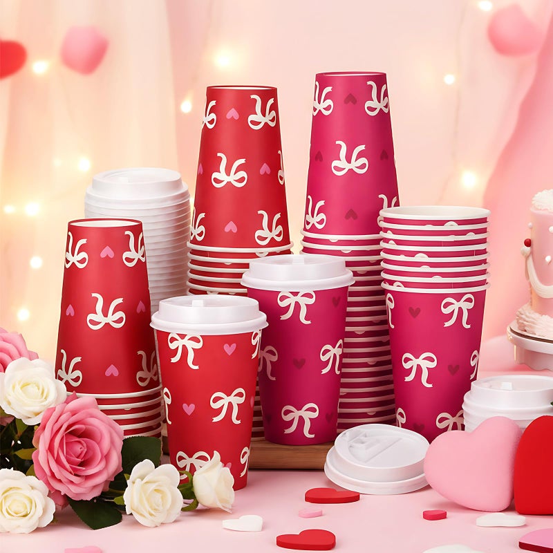 FoldTier 60 Pcs Valentines Day Disposable Coffee Cups with Lids 16 oz Galentines Paper Beverage Cups Red Pink Bow Heart Coffee Hot Chocolate Tea Container Bar Essentials for Valentine Party Supplies - Image 4