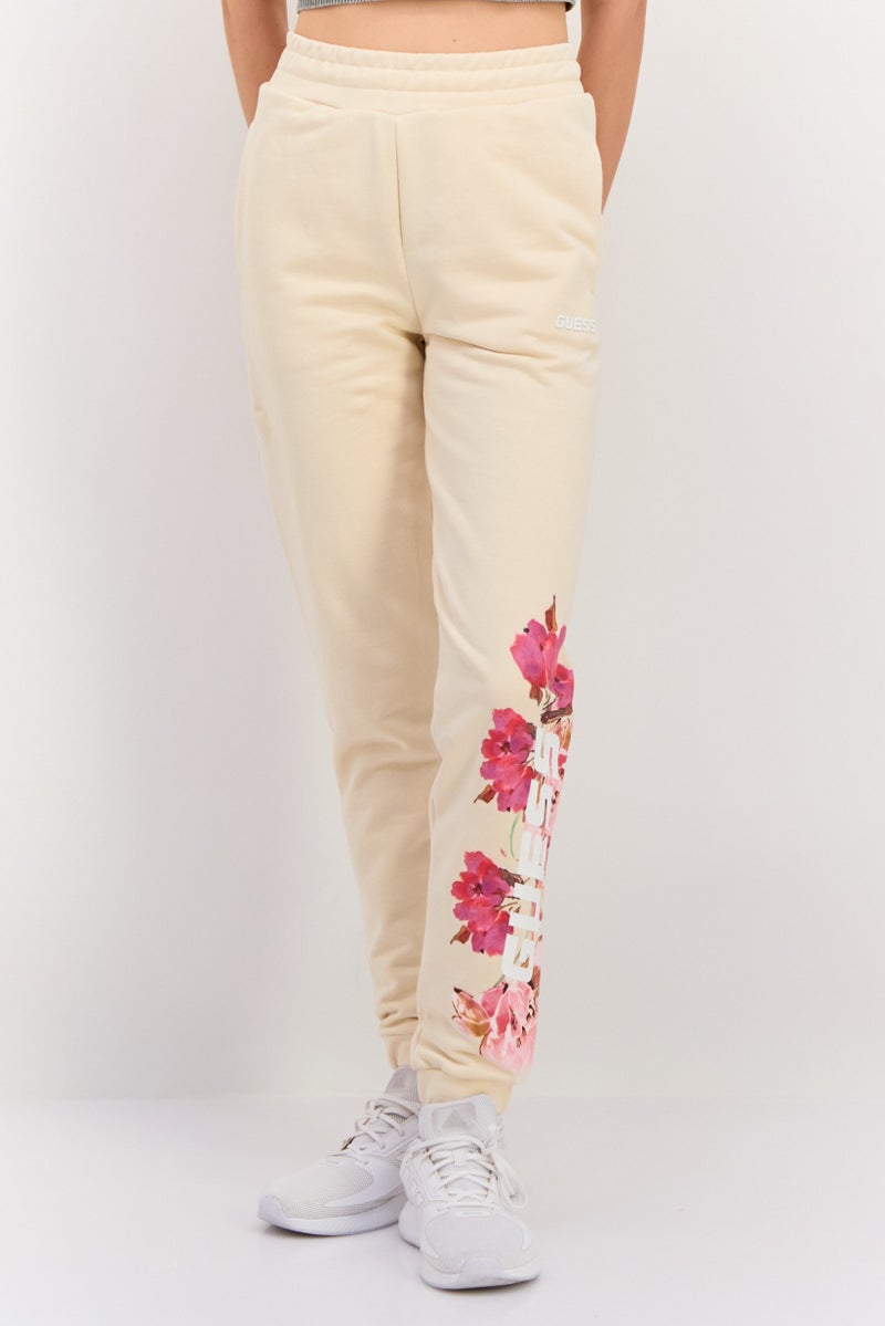 GUESS Women Regular Fit Floral Printed Sweatpants, Beige Combo - Image 1