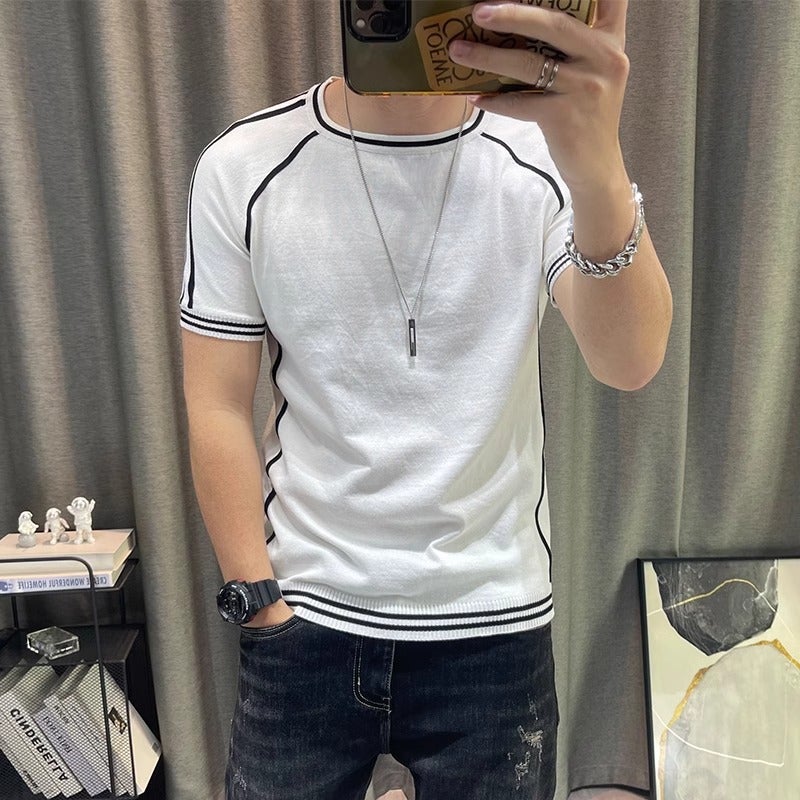 Short-Sleeved Colorblock Round Neck Top Men'S Pullover Thin Jacquard Knit High Quality Trendy All-Match T-Shirt Men Ins - Image 2