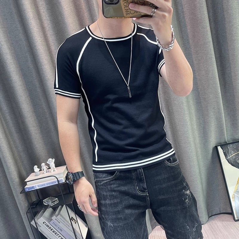 Short-Sleeved Colorblock Round Neck Top Men'S Pullover Thin Jacquard Knit High Quality Trendy All-Match T-Shirt Men Ins - Image 5
