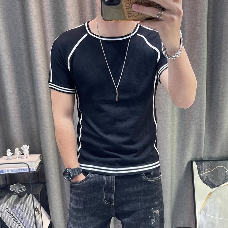 Short-Sleeved Colorblock Round Neck Top Men'S Pullover Thin Jacquard Knit High Quality Trendy All-Match T-Shirt Men Ins - Image 3